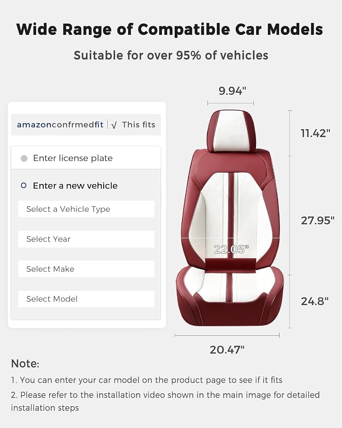 Huidasource Red White Front Seat Cover, Luxury Faux Leather Front Car Seat Cover Front Seats, Compatible with Airbags, Cooling＆Heating, Universal Fit for Most Cars, Vans, Trucks, SUVs, Red＆White - Image 2