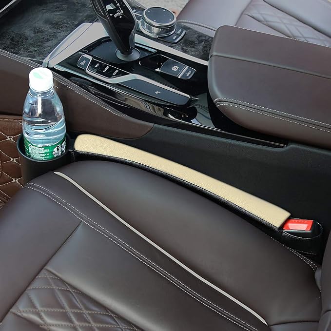 Supin 2 Prices Car Seat Gap Filler Pad PU Leather Console Side Pocket Organizer and one Cup for Cellphone Wallet Coin Key (Black+Beige) - Image 2