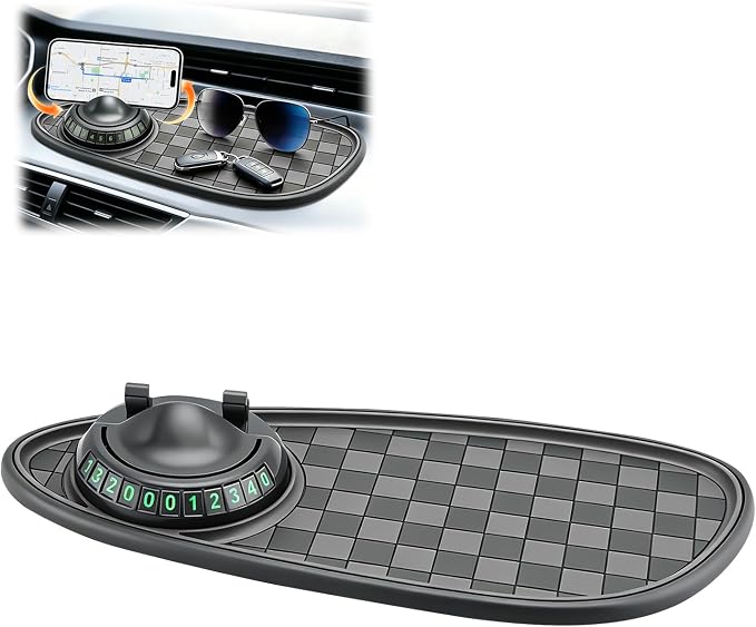 Multifunctional Car Anti-Slip Mat, 360° Rotatable Car Anti Slip Mat Phone Holder, Universal Dashboard Pad with Temporary Parking Number, Dashboard Accessories for Sunglass Chapstick (Black Gray) by Unknown