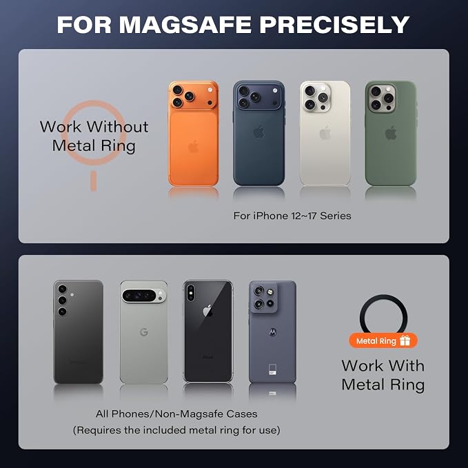 APPS2Car 2 Pack for Magsafe Car Mount, Dashboard Magnetic Car Phone Holder | Powerful Magnetic Hold, Includes metal rings for non-MagSafe phones, One-Hand Operation, 3M VHB Adhesive, 360° Rotation - Image 6