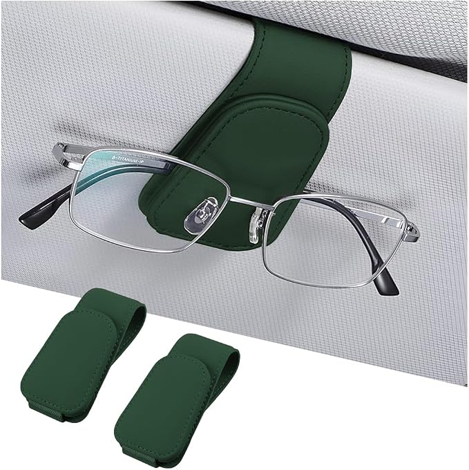 AICEL 2PCS Sunglasses Holders for Car Sun Visor, Magnetic Clip, Green | Leather Eyeglasses Hanger Mounter, Magnetic Glasses Holder and Ticket Card Clip, Car Accessories, Universal Fit by AICEL