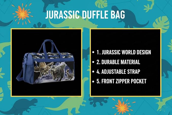 Jurassic World Kids Duffle Bag 16.5" – Dinosaur Travel & Sports Bag with Zipper Pocket, Mesh Side Pockets & Strap - Image 5
