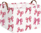 Rectangular Pink Girls basket,Delicate pink bow girls nursery laundry basket,Pink Laundry Hamper,kids waterproof collapsible canvas basket,Toy bins,Girls Room decor(Bowknots) by FXOCSHE