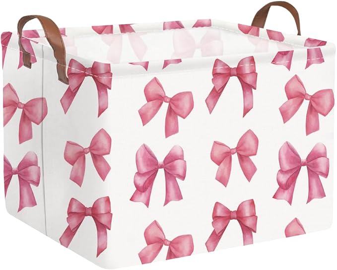 Rectangular Pink Girls basket,Delicate pink bow girls nursery laundry basket,Pink Laundry Hamper,kids waterproof collapsible canvas basket,Toy bins,Girls Room decor(Bowknots) by FXOCSHE