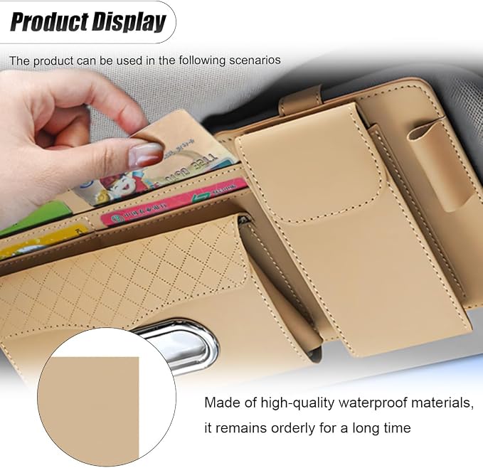 ZIMISI Leather Car Visor Organizer, Sun Visor Storage Bag, Car Tissue Holder, Multi-Pocket Document Holder, Vehicle Travel Accessories for Pen, License, Cards, Sunglasses, Tissues (Khaki) - Image 4
