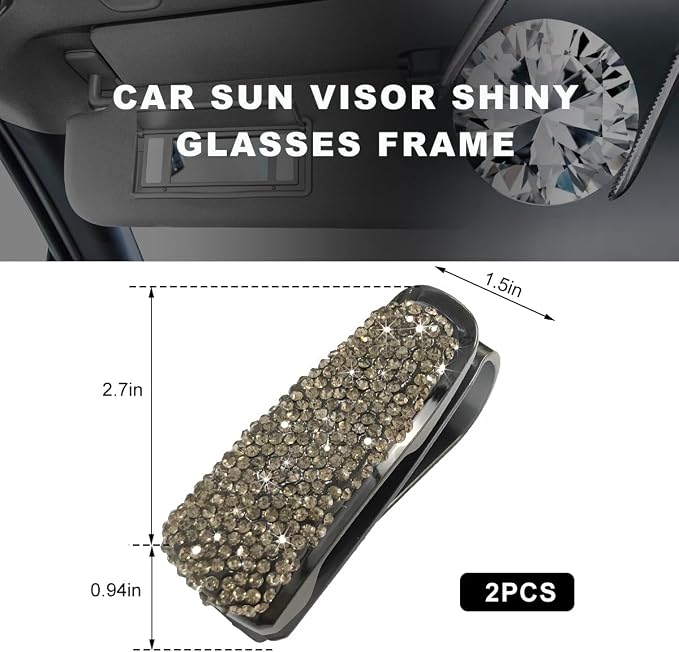 2 PCS Glasses Holders for Car Sun Visor, Bling Crystal Rhinestones Car Sunglasses Holder with Ticket Card Clip, Eyeglasses Hanger Mount for Women Girls, Car Interior Accessories (Gray) - Image 2
