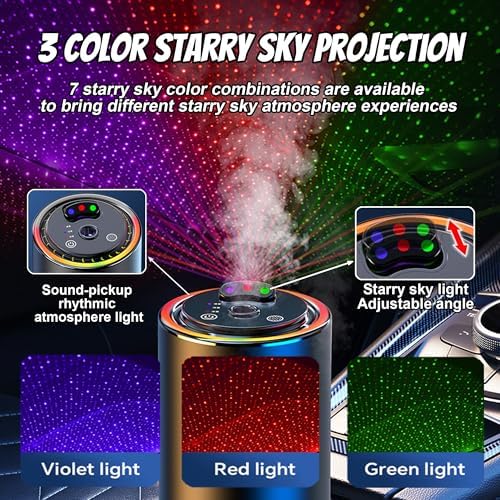 Smart Car Air Freshener, Car Air Freshener Diffuser with 3 Color Starry Sky Projection, Cars Scent Diffuser with RGB Music Syncing Light, 3 Mode Adjustable, Auto On/Off Cars Diffuser, 50ml Cologne - Image 2