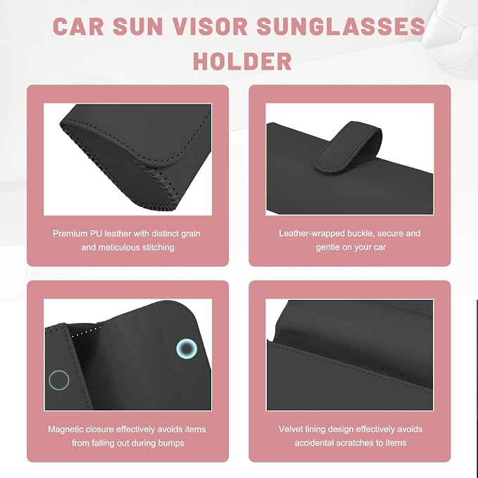 Sunglasses Holder for Car Visor, Auto Sunshade Eyeglasses Storage Case with Hidden Magnetic Closure, PU Leather Sunglass Protective Box for Most Vehicles Sun Visors (Black) - Image 3