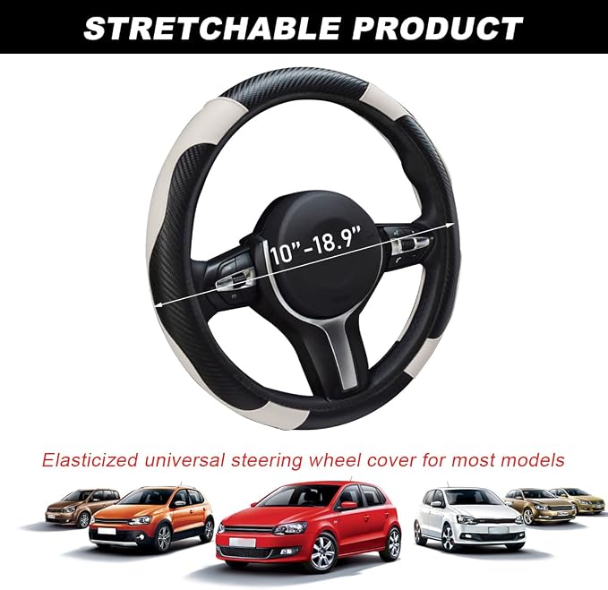 DXNQ Car Steering Wheel Cover, 15 Inch Carbon Fiber Leather Stitching Color Steering Wheel Protector, Anti-Slip Elastic Breathable Steering Wheel Cover Stylish Decor for Most Cars (Black & White) - Image 2