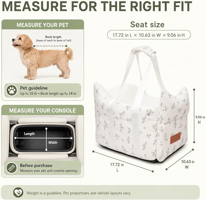 Center Console Dog Car Seat Safe Travel for Small Dogs Under 15 lbs | Detachable Washable Pet Carrier with Storage Pockets & Safety Leash,Off White - Image 4