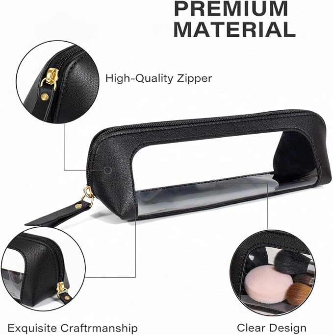 Clear Pencil Case for Boys,Cute Travel Makeup Brush Holder, Waterproof PU Leather Cosmetic Brush Pouch with Zipper, Portable Makeup Brush Organizer Case for Daily Use Travel (Chic Black) - Image 6