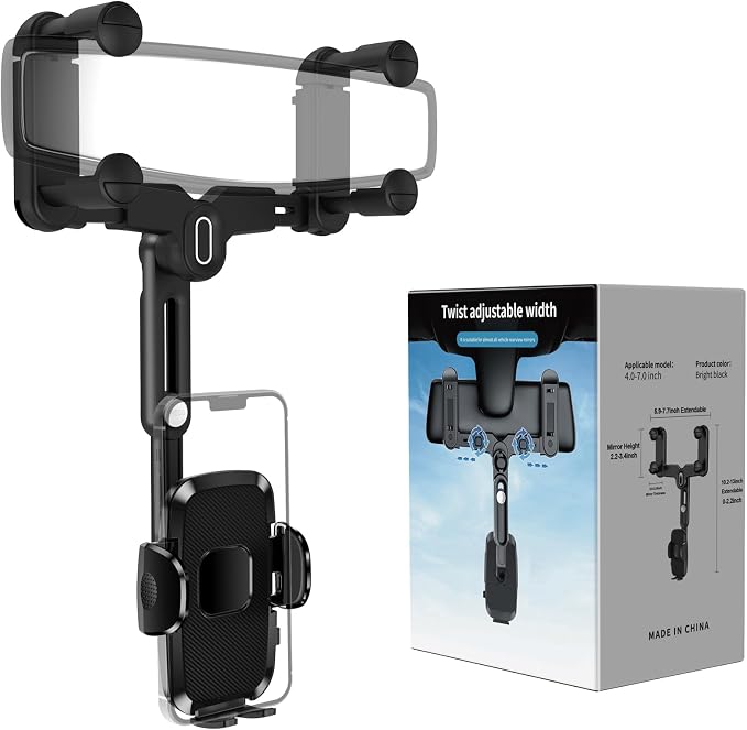 Car Phone Holder Mount, Rear View Mirror Phone Holder, Rotatable and Retractable Phone Holders for Your Car Compatible with iPhone Samsung All 4-7 Inch Cell Phones by JDHDL