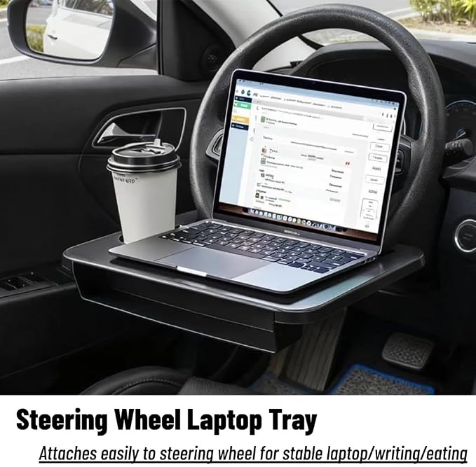 2 In 1 Steering Wheel Desk, Seat Gap Filler Organizer Universal | 14.5*11 Inch Steering Wheel Tray Table & Seat Gap Filler Organizer Car Food Trays With Drinks Holder, Car Desk For Laptop - Image 2