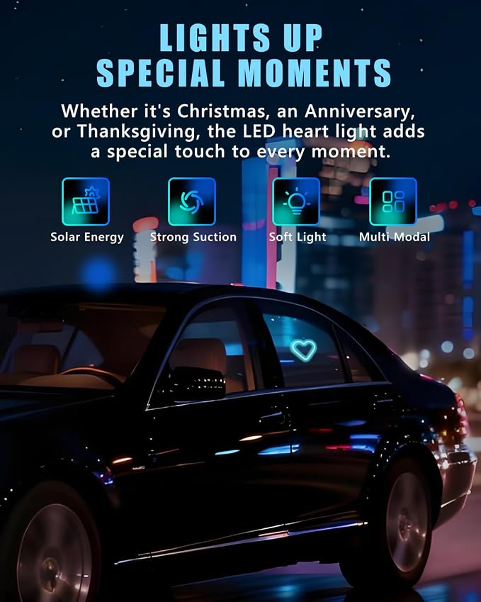 Car LED Ambient Light for Thanksgiving, Car Triangle Window Solar-Powered Heart Shaped Atmosphere Light with 5 Switchable Lighting Modes, Romantic Car Interior & Outdoor Decor (Ice Blue, 1pcs) - Image 2