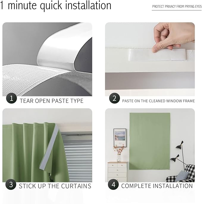 Magic Tape Blackout Curtains for Bedroom No Drillng Self Adhesive Curtains No Rod Small Window, 35" W X 71" L, Sage Green, 1 Panel - Image 4