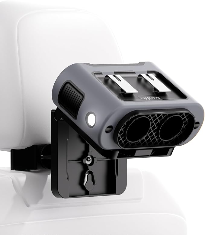 Socool Portable Car Fan Rechargeable Battery Opearated, Clip on Car Seat Headrest 360 Rotatable, 5-Speed Backseat Fans for Baby Rear Facing Cooling with Dual Air Outlets for SUV RV Truck by Socoolfancoolinhand