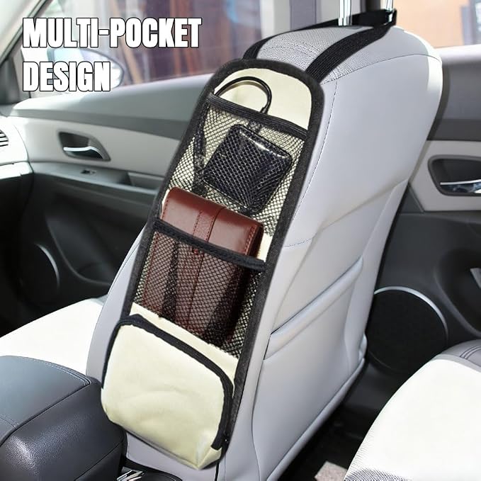 Car Seat Side Storage Pocket, Car Multifunctional Seat Organizer Hanging Bag, Auto Mobile Phone Wallet Sunglasses Mesh Net Pocket, Auto Accessories for Cars SUVs Trucks (Beige, 2PCS) - Image 3