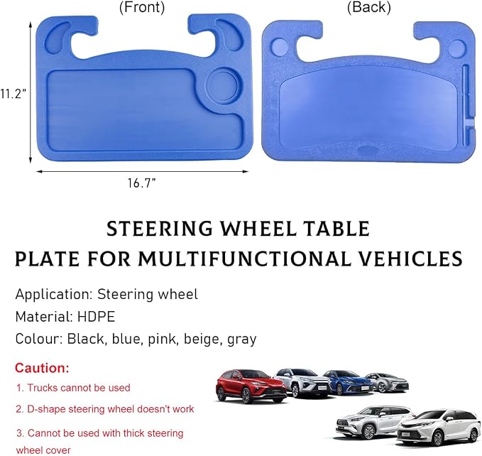 Car Steering Wheel Desk, 2 in 1 Auto Steering Wheel Tray for Food & Laptop, Multipurpose Vehicle Steering Wheel Table with Cup Holder and Pen Slot, Travel Car Accessories (Blue) - Image 2