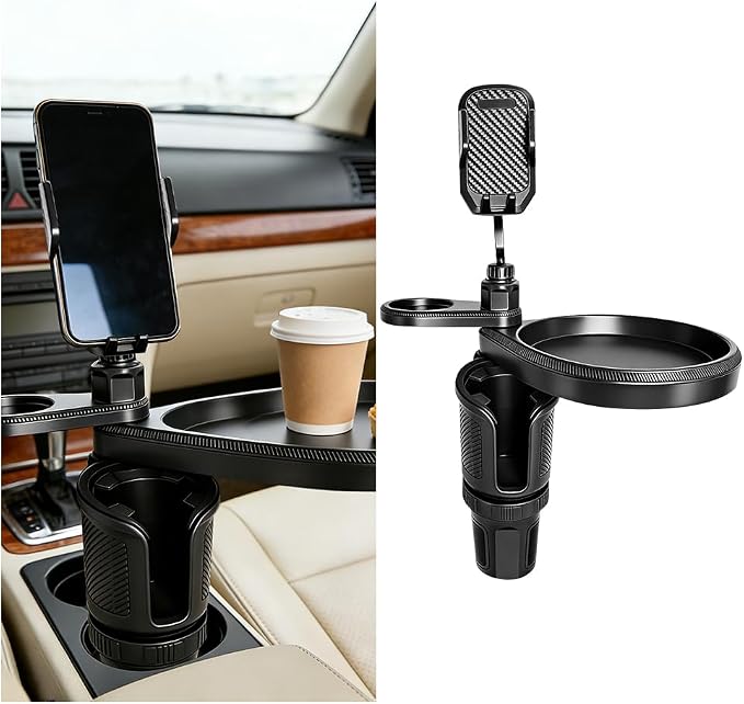 Car Cup Holder Tray, 4-in-1 Vehicle Drink Holder Expander Adapter with Phone Holder & Food Tray Table, Auto Center Console Cupholder Eating Table Organizer, Universal Fit (Carbon Fiber) by Unknown