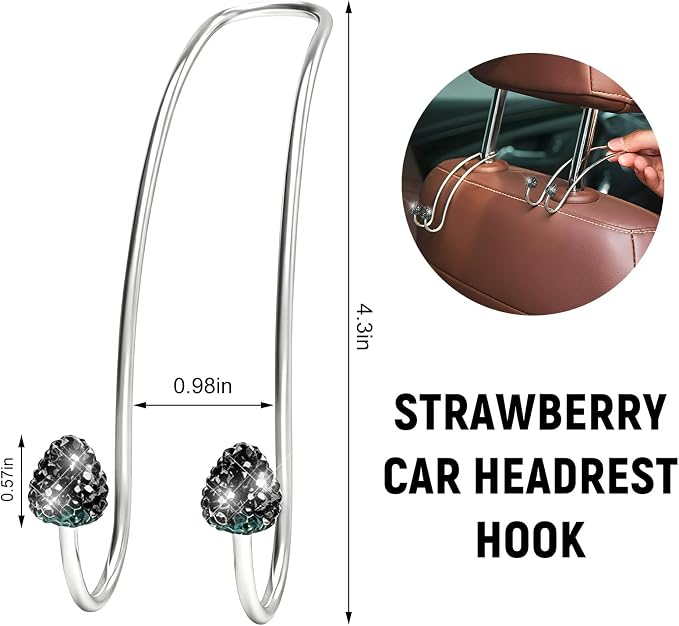 2 PCS Car Headrest Hooks Decorations, Bling Strawberry-Shaped Auto Backseat Hangers, Stainless Steel Purse Hook Diamond Seat Back Storage Holder for Most Cars Trucks SUVs (Black) - Image 2
