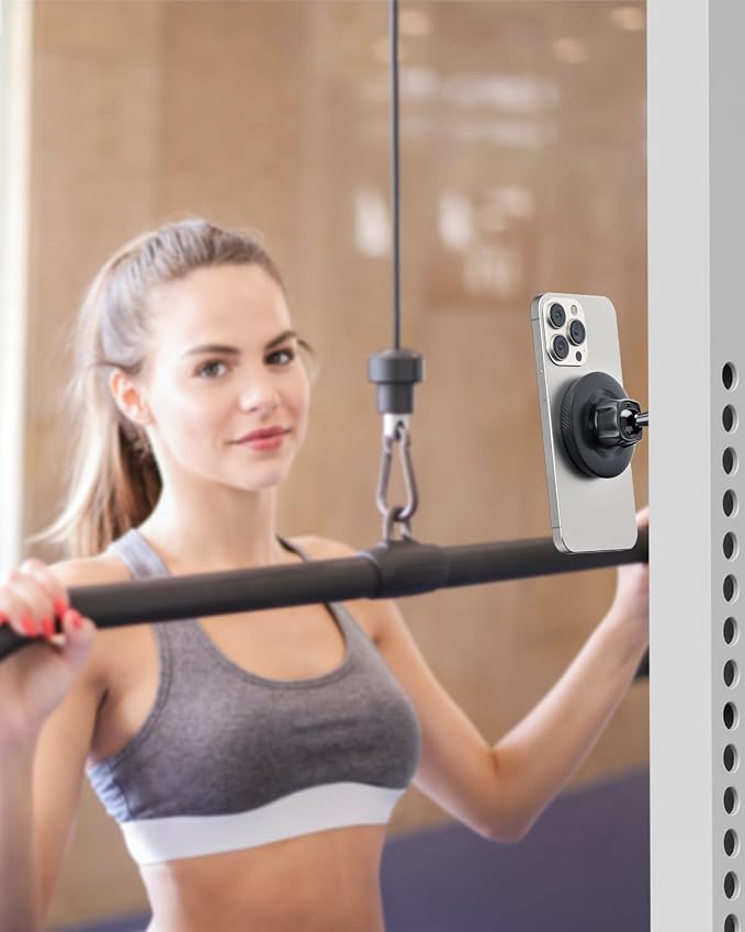 APPS2Car Gym Magnetic Phone Holder, Aluminum Alloy Base & Ball Joint, Black | 360° Adjustable Dual Magnet Phone Mount for MagSafe, Attach to Metal Surface, Gym Accessories for Workout Recording - Image 7