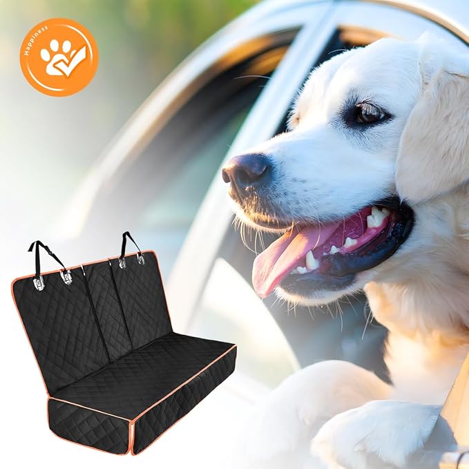 Oxford Dog Back Seat Cover with Side Flaps, Orange Border | water-resistant surface, non-slip backing, headrest straps, belt openings, fits most rear seats, interior accessories - Image 6