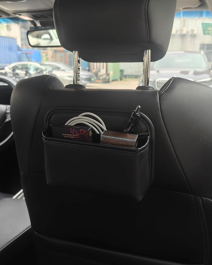 Car Seat Side Pocket Organizer for Car Doors and Consoles, Off-Black | Reusable Adhesive Car Storage Bag, Holds phones keys wallet sunglass etc, Suitable for all vehicles, PU Leather - Image 5