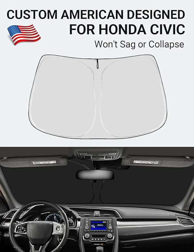 Proadsy Custom Fit 2016-2021 Honda Civic Windshield Sun Shade, Blocks Heat | 240T Heat Shield, Drops Temp 54°F, Blocks 99% UV, Prevents Dashboard Cracking, Summer Parking & Beach Trips, Easy Twist-Fold - Image 2