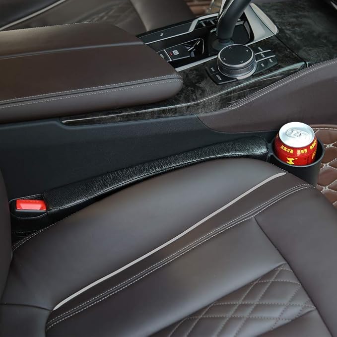 Supin 2 Prices Car Seat Gap Filler Pad PU Leather Console Side Pocket Organizer and one Cup for Cellphone Wallet Coin Key (Black) - Image 4
