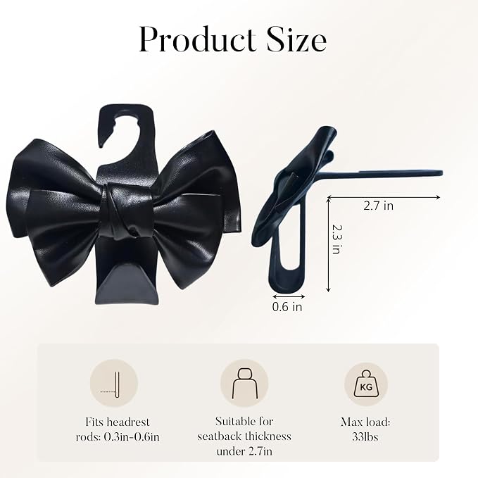 2-Pack Cute Bow Car Purse Hooks, Headrest Hangers, black | Cute bow hooks keep purses and bags organized within reach while saving space; fits most car headrests - Image 5
