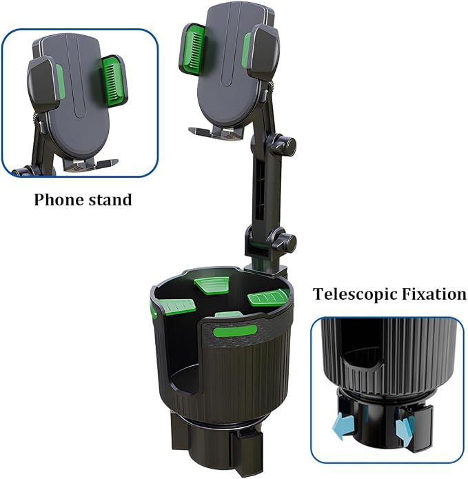 Adjustable Cup Holder Phone Mount 2-in-1 Vehicle Stand Green | Rotatable retractable base, abs construction, anti-slip pads, fits most cars, SUVs, and trucks, automotive accessories - Image 4