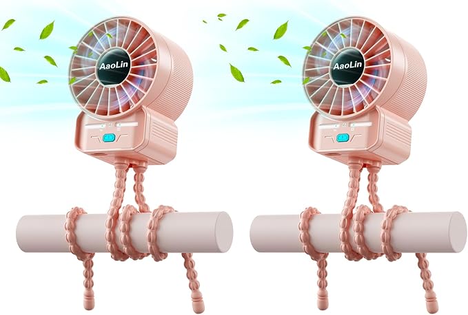 2 Pack Multifunctional Portable Stroller Fan 4 Speed 6600rpm High Speed Usb Rechargeable Personal Mini Handheld Fan Extended Tripod For Desktop Winding Kids Bed Treadmill Bike Golf Cart Outdoor Travel by AaoLin