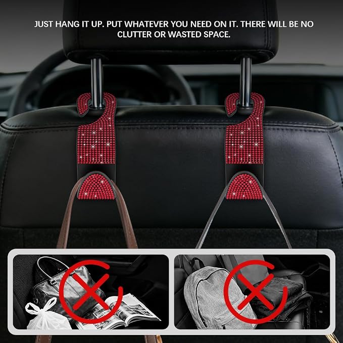 Car Seat Headrest Hook, Automotive Seat Back Organizers, 2PCS | Bling Rhinestone Headrest Hooks with Universal Design, Car Interior Accessories for Holding Handbags Clothes Purses Bottles - Image 5