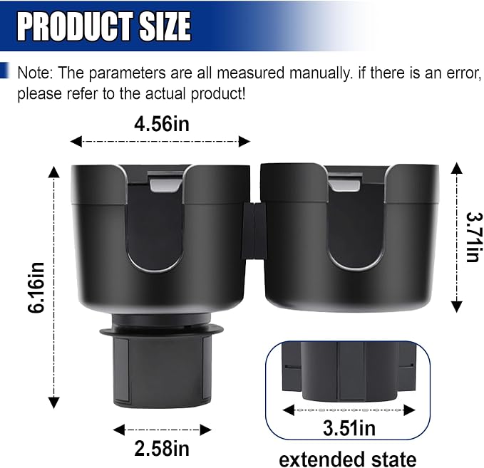Car Double Cup Holder Extender, Multifunctional 2-in-1 Auto Drink Holder Insert with Adjustable Base, Portable Cup Holders Adapter, Universal Car Beverage Organizer for Bottle, Snack (Black) - Image 2