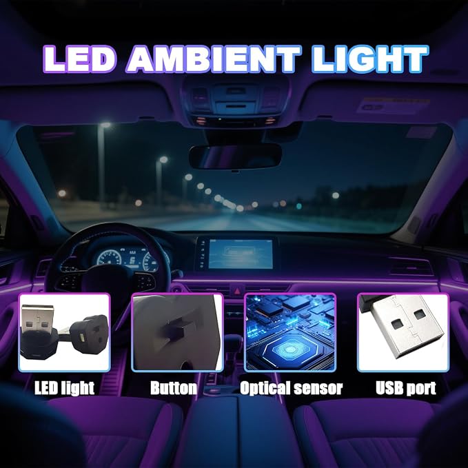 2PCS USB LED Car Interior Atmosphere Lamp, Portable Mini Vehicle Ambient Lighting Kit, Plug-in USB Interface Automotive Night Light Decor Accessories, Universal Fit - Image 3