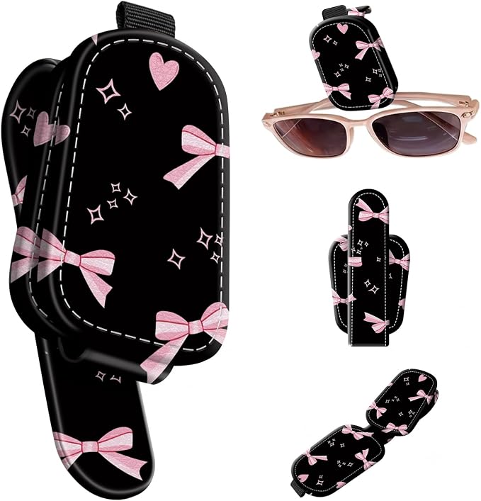 Sunglasses Holder for Car Visor, PU Leather Glasses Clip Organizer, Cute Magnetic Eyeglass Holder for Vehicle Sun Visor, Car Interior Accessory for Women & Men, Bow Hearts by Unknown