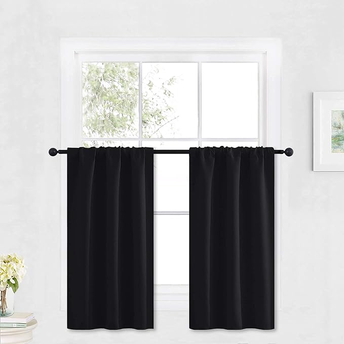 RYB HOME Kitchen Blackout Window Curtains Over Sink 36 inch Length | Summer Light UV Blocking, Energy Efficient, Cabinet Shelf Cupboard Blinds Shades Window Coverings, W29 x L36, Black, 2 Panels by RYBHOME
