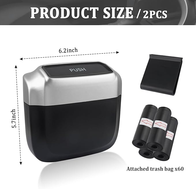 IHOTDER 2PCS Car Trash Can with Lid + 60PCS Garbage Bag,Mini Trash Can Car Interior Accessories with Capacity 700ml,Multifunctional CCar Organizers and Storage(Silver) - Image 2