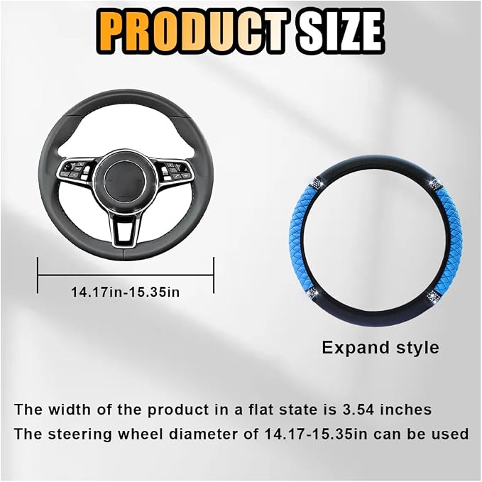 JOYCOURT 15 Inch Bling Soft Leather Car Steering Wheel Cover, Blue | Colorful Rhinestones Design, Auto Elastic Protector for Women Girls, Crystal Diamond Car Accessories for Most Cars, SUVs - Image 2