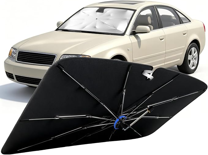 Windshield Sun Shade for Audi A6 1995-2004 with 360° Rotating Shaft | Custom Fit Umbrella Sunshade for UV Blocking, Interior Heat Protection, Easy Storage, UPF 50+ Cool Windshield Cover by Lonyaqui