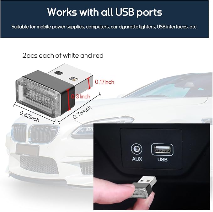 Dickno 4 PCS USB LED Car Interior Atmosphere Lamp, Portable Mini LED Night Light, Plug-in USB Interface Trunk Ambient Lighting Kit, Universal Vehicle Interior Accessories (White+Red) - Image 2