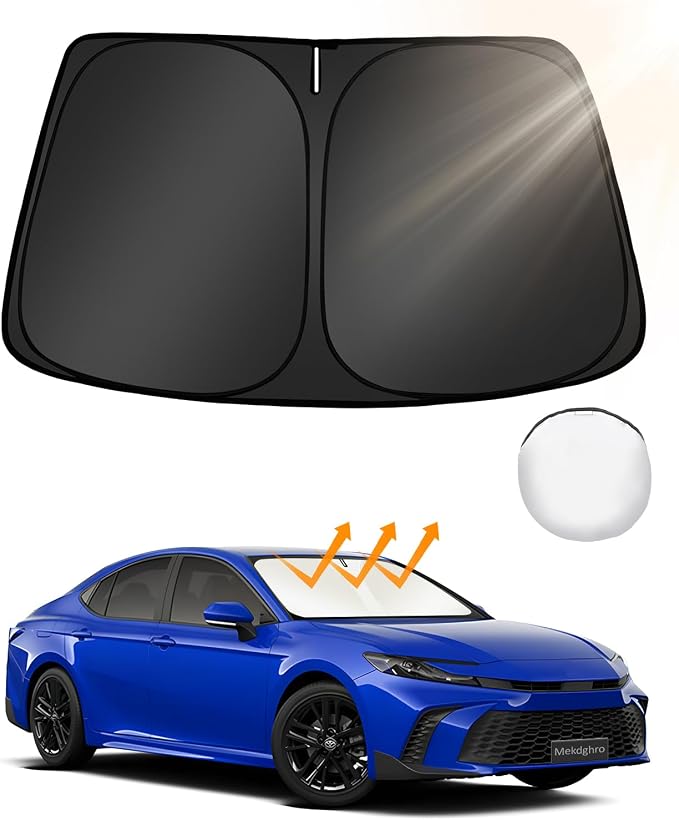 Custom Fit Windshield Sun Shade for 2025 2026 Toyo-ta Camry LE XLE Hybrid SE XSE Sedan, Foldable, Easy to Install & Store, Full Coverage, 210T Reflective Fabric, Blocks 99% of UV Rays by Mekdghro