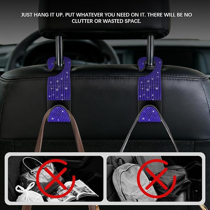 2PCS Bling Car Seat Headrest Hooks, Sparkling Rhinestone Car Seat Hook | Auto Rear Seat Hidden Hook Hanger, Universal Car Storage Accessories for Purse Coats Umbrellas Grocery Bags - Image 5