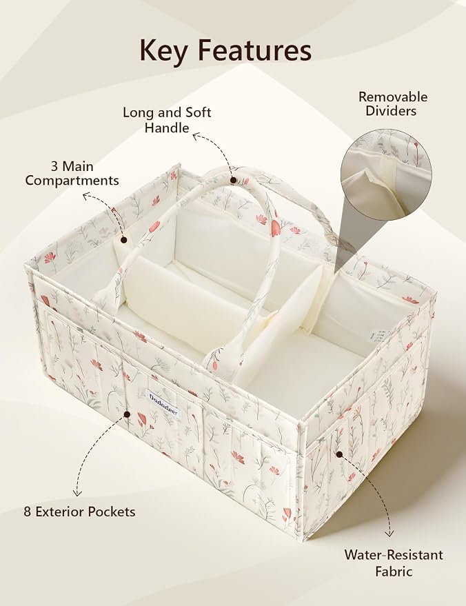 Quilted Floral Diaper Caddy Organizer, Nursery Storage Basket with Dividers | Waterproof Caddy with Sturdy Handles, Portable for Changing Table or Car, Newborn Essentials, Baby Shower Gifts - Image 6