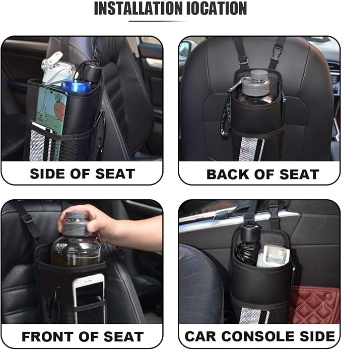 2-in-1 Large Cup Holder, 80 oz Multifunctional Car Seat Side Organizer, Hanging Water Bottle Holder Bag, Car Stuff Holder with Mesh Pocket for Phone & Drink, Suitable for Car SUV Truck (2 PCS) - Image 5