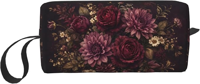 Burgundy Floral Small Makeup Bag, 600D Oxford Travel Pouch | Burgundy Floral Cosmetic Pouch with Double-Sided Print and Foam Padding for Women, Travel, Gym, Weekend Trips and Daily by OLUSENMO