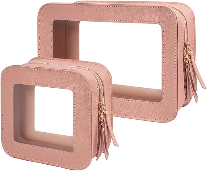 2 Pcs Travel Clear Makeup Bag Set, Clear Pink Makeup Organizer with Zipper Leather Travel Bags for Toiletries Small Cosmetic Bags for Women Mini Make up Pouch Toiletry Bags Car Essentials by FFpaw