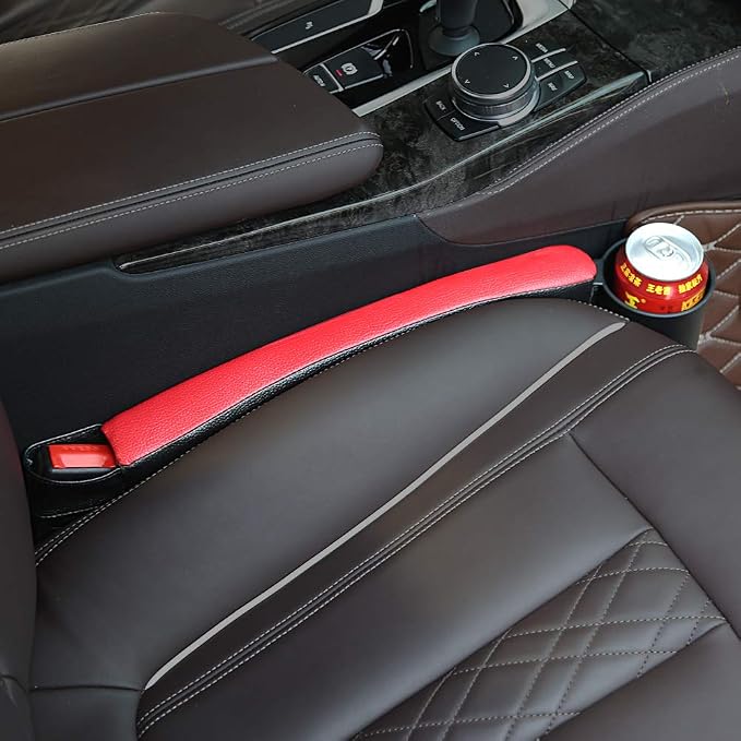 Supin 2 Prices Car Seat Gap Filler Pad PU Leather Console Side Pocket Organizer and one Cup for Cellphone Wallet Coin Key (Black+Red) - Image 3