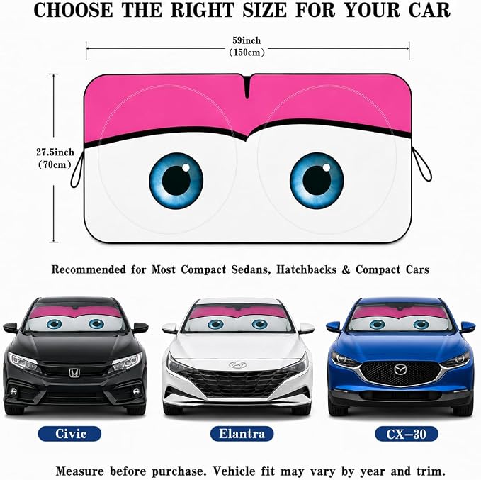 Car Windshield Sun Shade, Universal Fit Compact Sedan SUV, Cute Pink | 57 x 29.5" Car Sun Visor, Foldable Front Window Sunshade, UV Heat Protection, Cute Eyes Series - Image 5