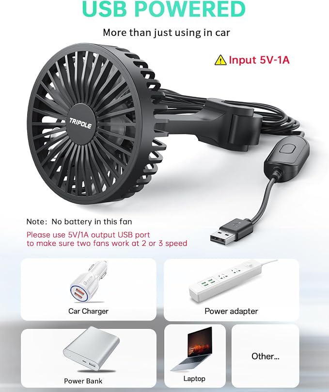 TriPole Car Fan for Rear Seat USB Powered Powerful 3 Speed 5V Fans | Adjustable Clip, Small Car Cooling Fan for Vehicles SUV RV - Image 4